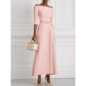 NWT FEHAUTE Off Shoulder A-line Belted Pink Midi Dress 4